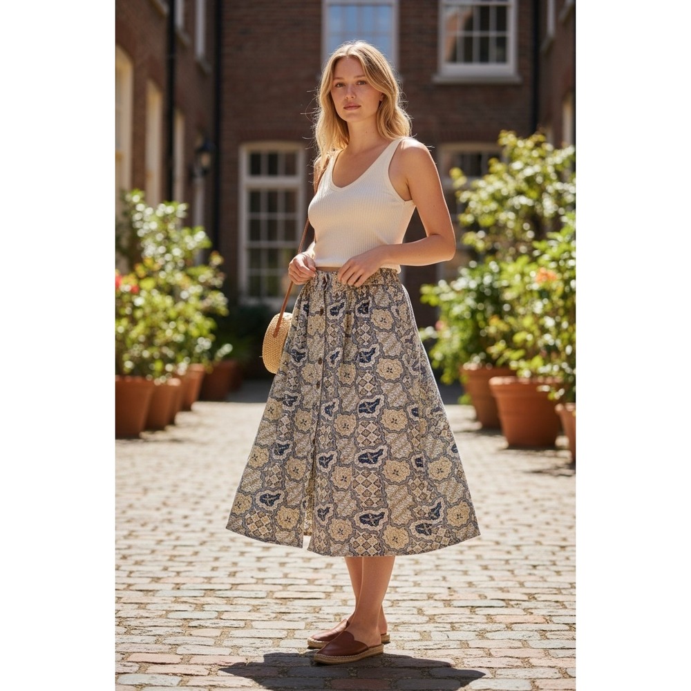 KEMANG INDAH Vintage Batik Midi Skirt Womens M Blue Yellow Boho Button Front